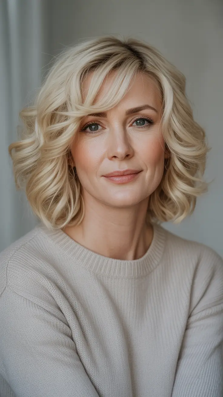 Trendy haircuts for women over 50 - 2026 - Short Blonde Bob With Soft Waves And Fringe