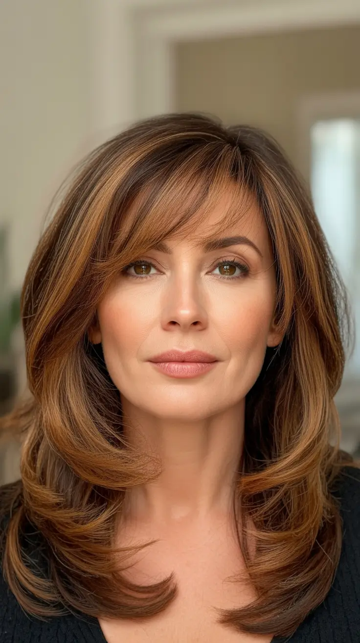 Trendy haircuts for women over 50 - 2026 - Warm Caramel Layers With Side Bangs