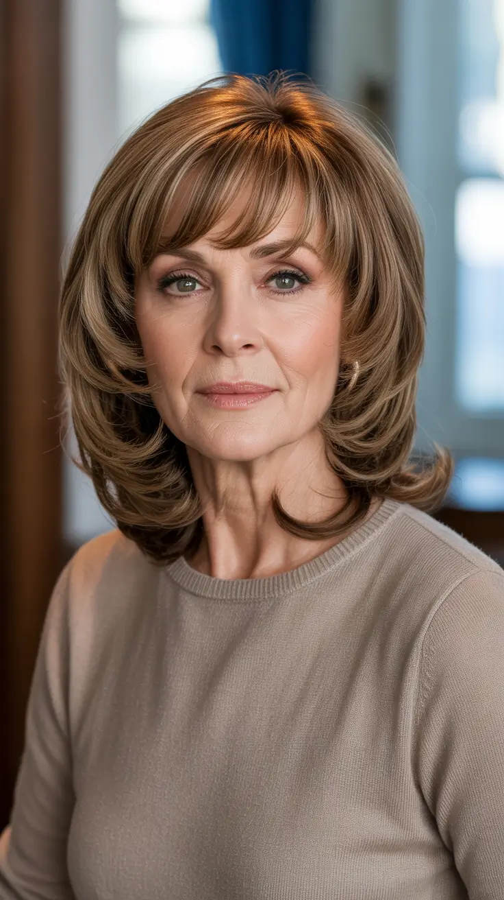 Trendy haircuts for women over 60 - 2026 Layered Shoulder-Length Blowout With Breezy Fringe