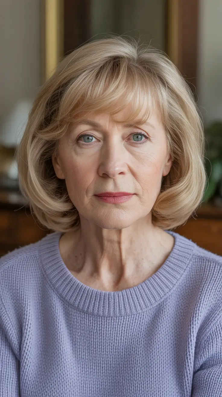 Trendy haircuts for women over 60 - 2026 Classic Curved Bob With Soft Blonde Bangs