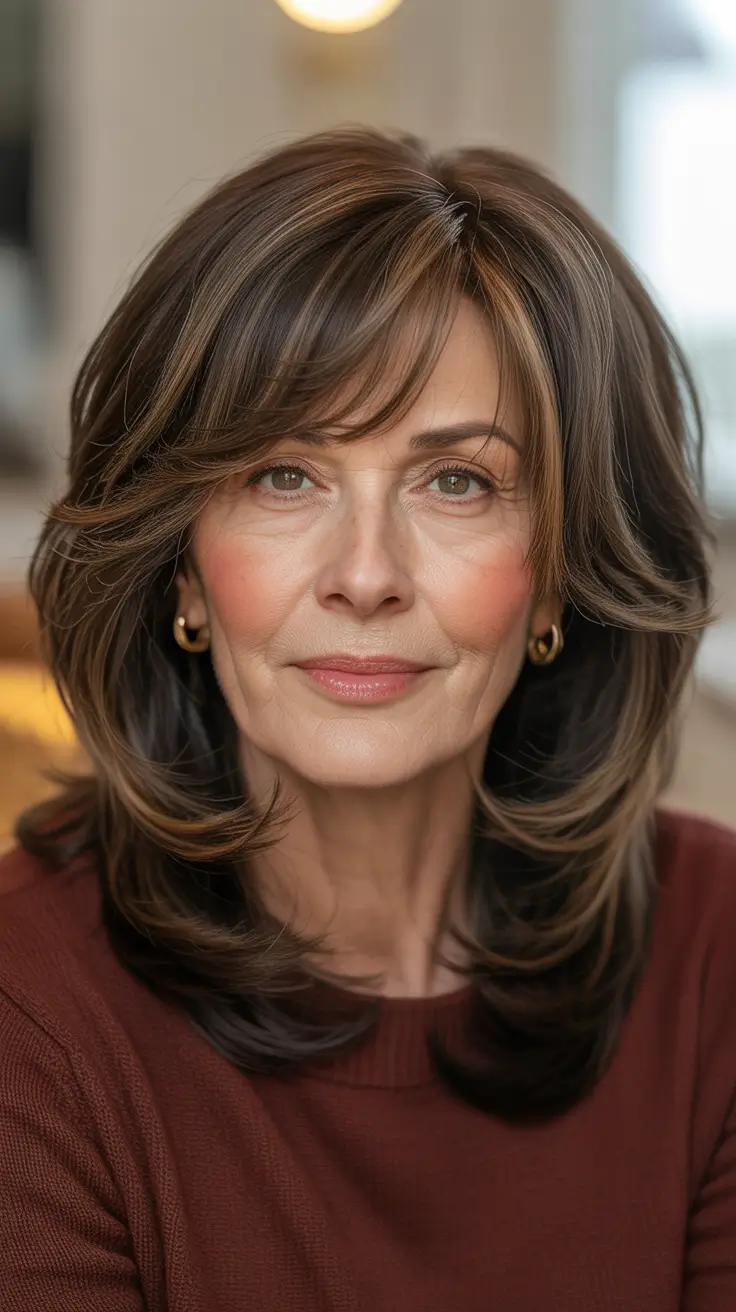 Trendy haircuts for women over 60 - 2026 Layered Long Shag With Soft Curtain Bangs