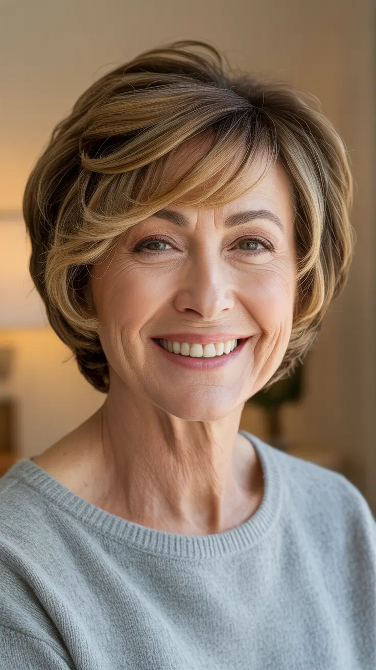 Trendy haircuts for women over 60 - 2026 Caramel Highlighted Bob With Side-Swept Bangs