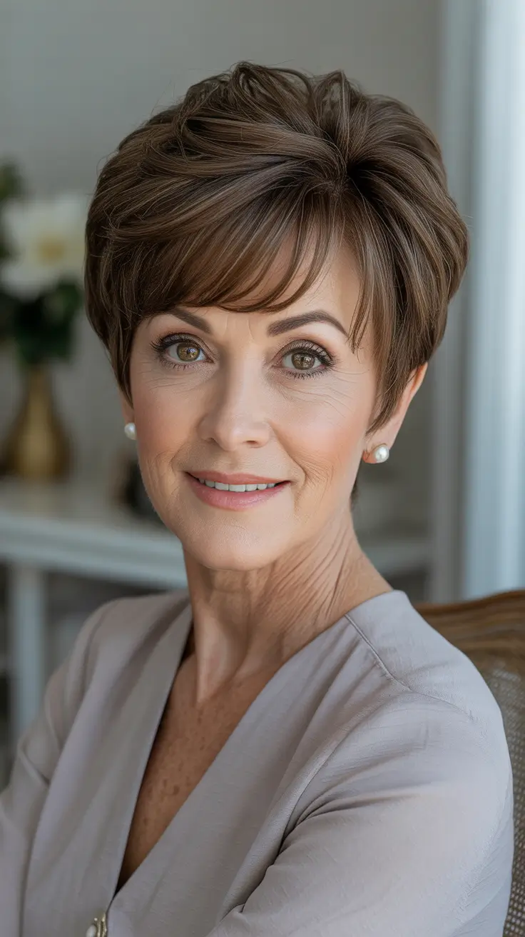 Trendy haircuts for women over 60 - 2026 Classic Brunette Short Pixie With Crown Volume