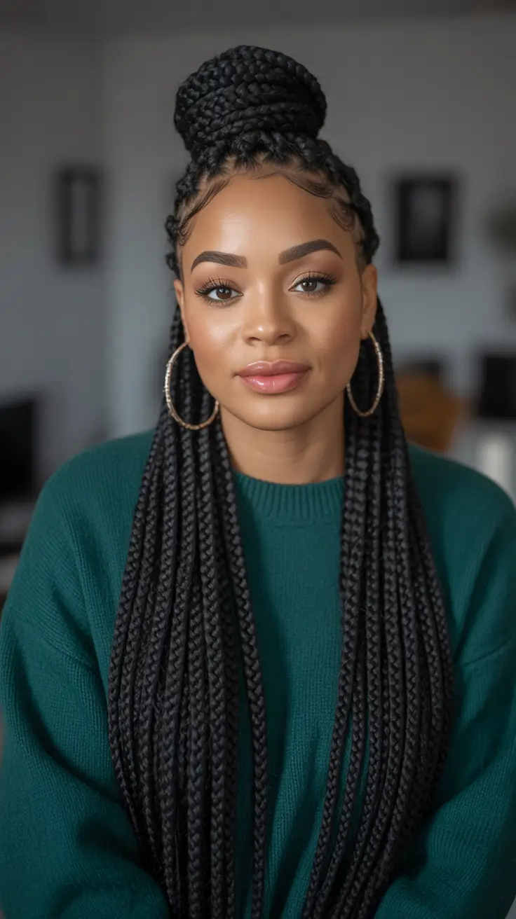 Modern hairdos for black women 2026 - High Box Braid Topknot With Cozy Sweater Vibes