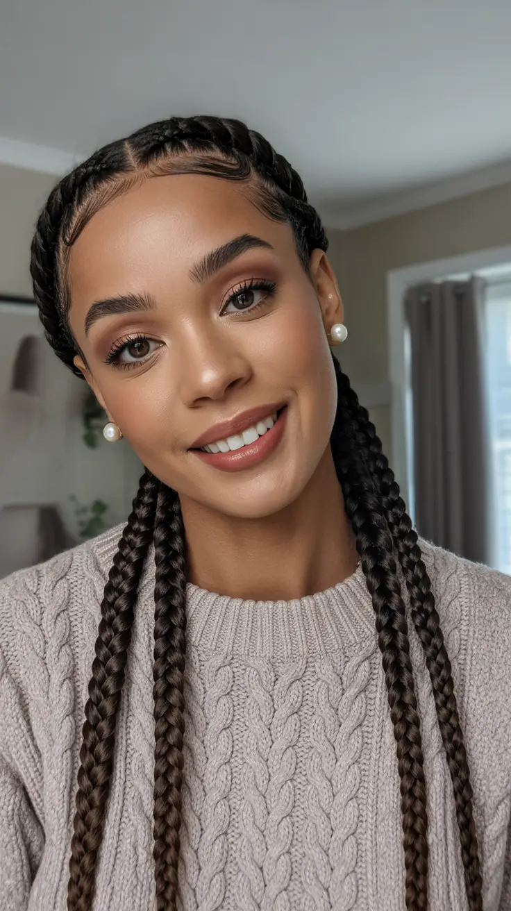 Modern hairdos for black women 2026 - Classic Twin Braids With Soft Knit Minimalism