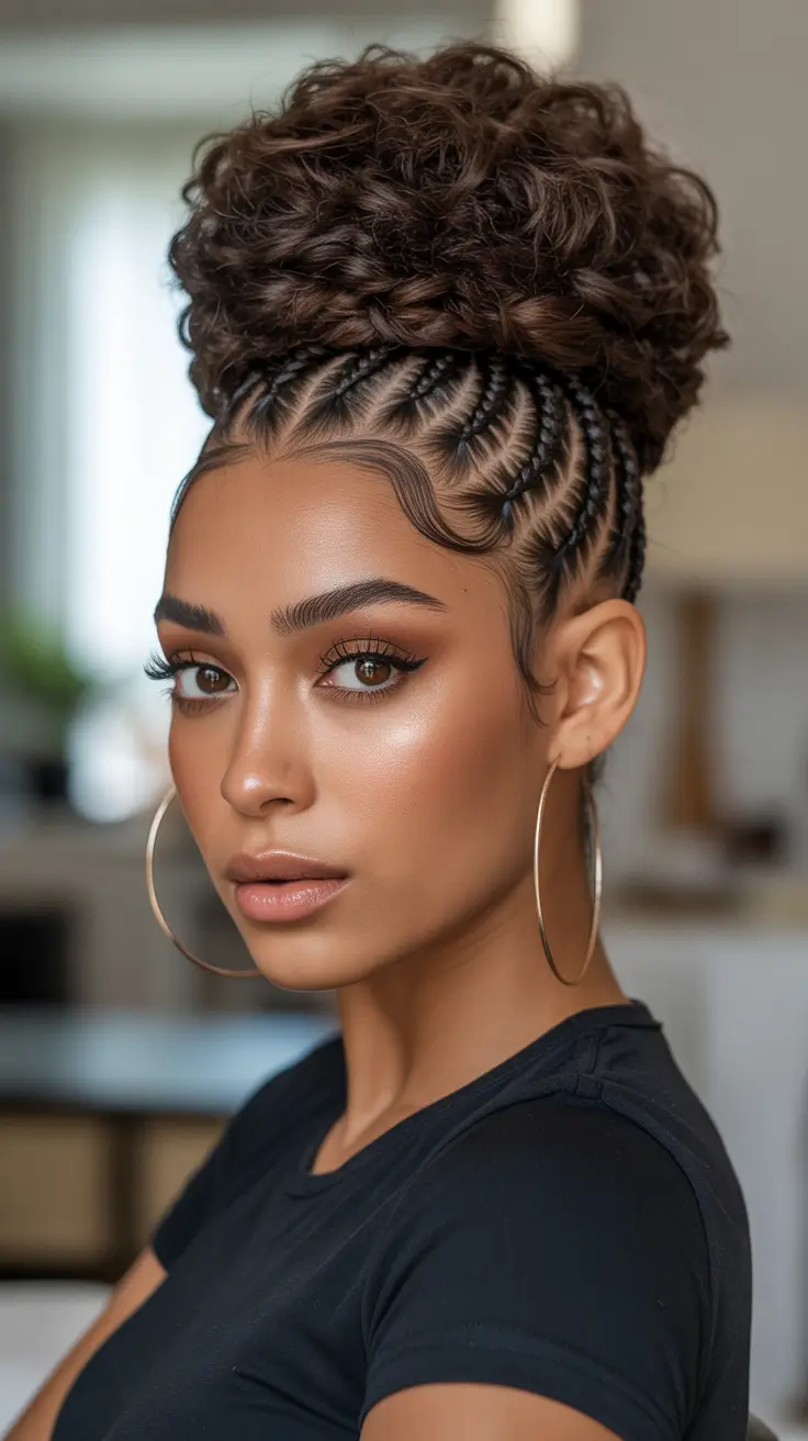 Modern hairdos for black women 2026 - Curly Crown Bun With Braided Halo