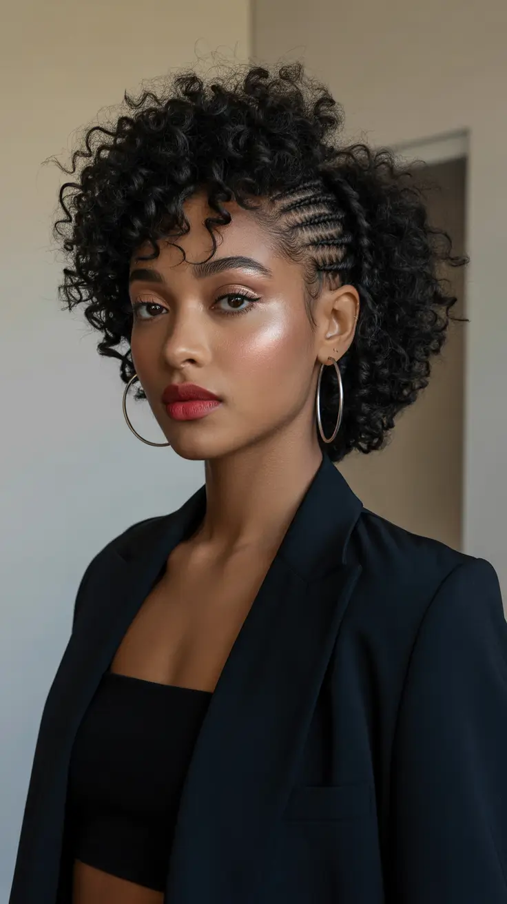 Modern hairdos for black women 2026 - Side Cornrow Frohawk With Power Red Lip