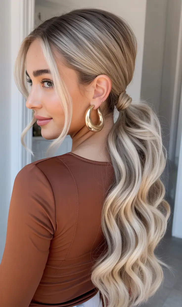 Stylish hair ideas 2026 Low Wavy Ponytail With Face Framing Strands