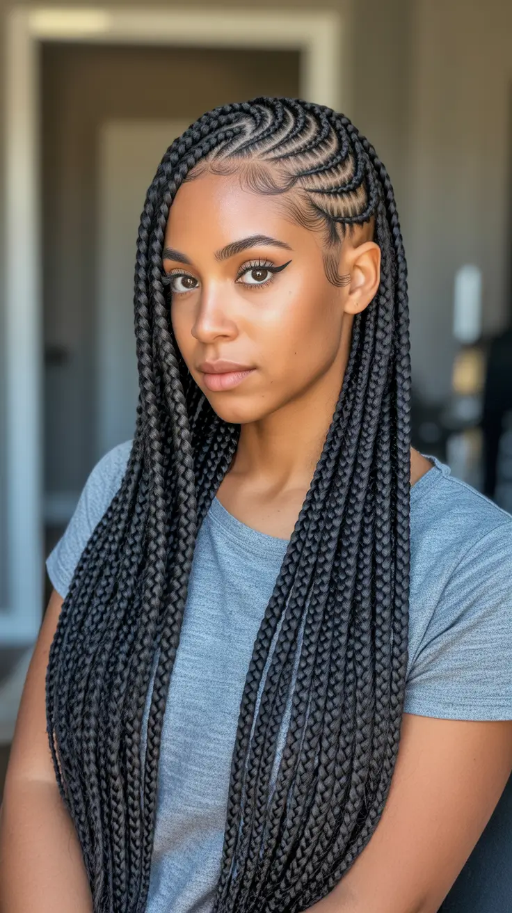 Stylish hair ideas 2026 Graphic Knotless Braids With Sleek Patterns