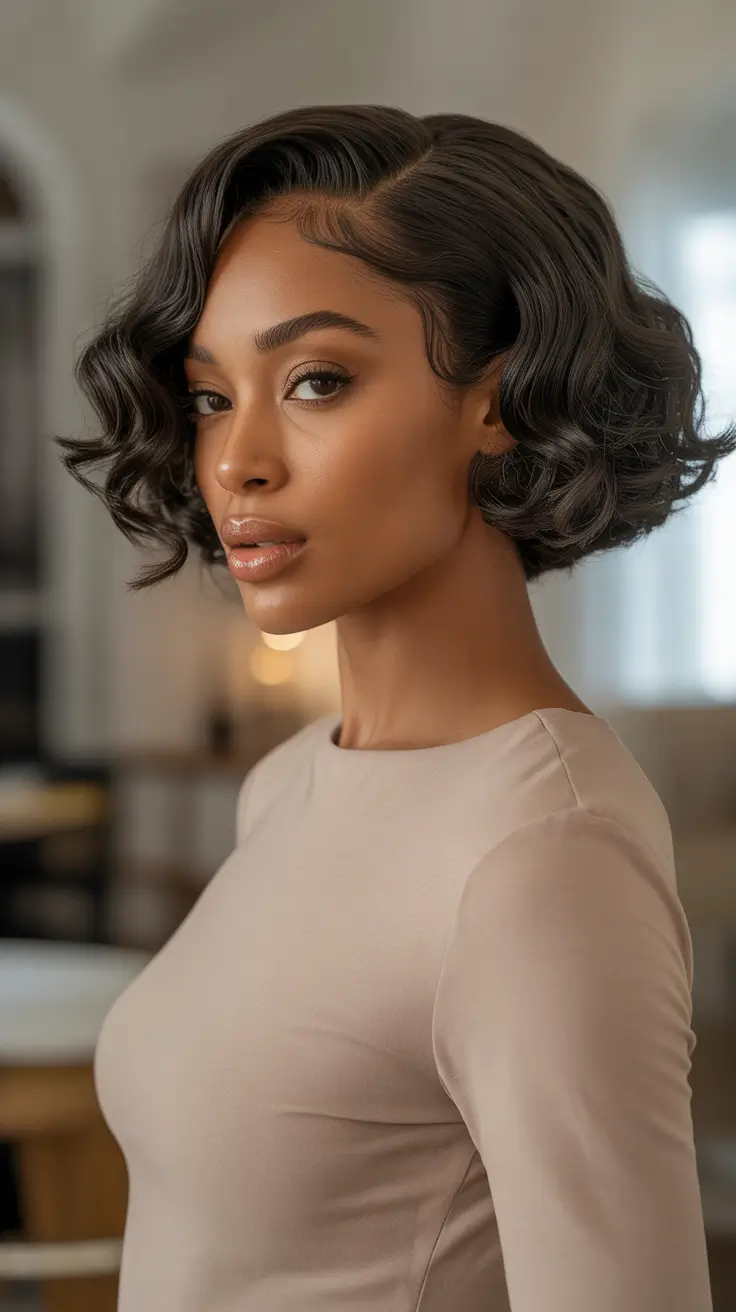 Stylish hair ideas 2026 Glossy Vintage Waves Short Bob