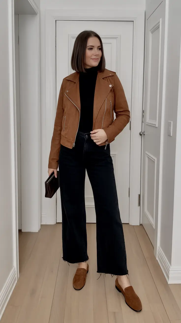 Stylish jeans outfits 2026 - Cognac Moto Jacket With Black Wide Leg Denim