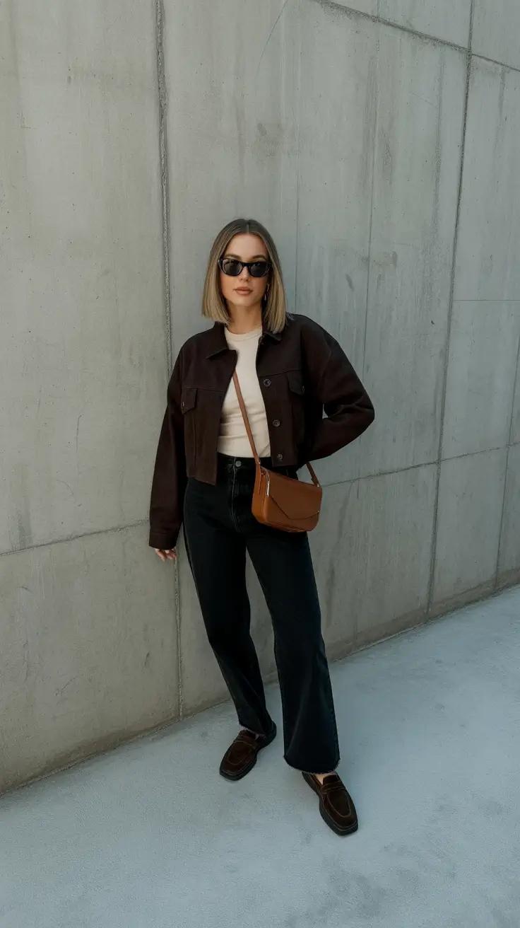 Stylish jeans outfits 2026 - Cropped Chocolate Jacket With Black Flare Jeans And A Saddle Bag