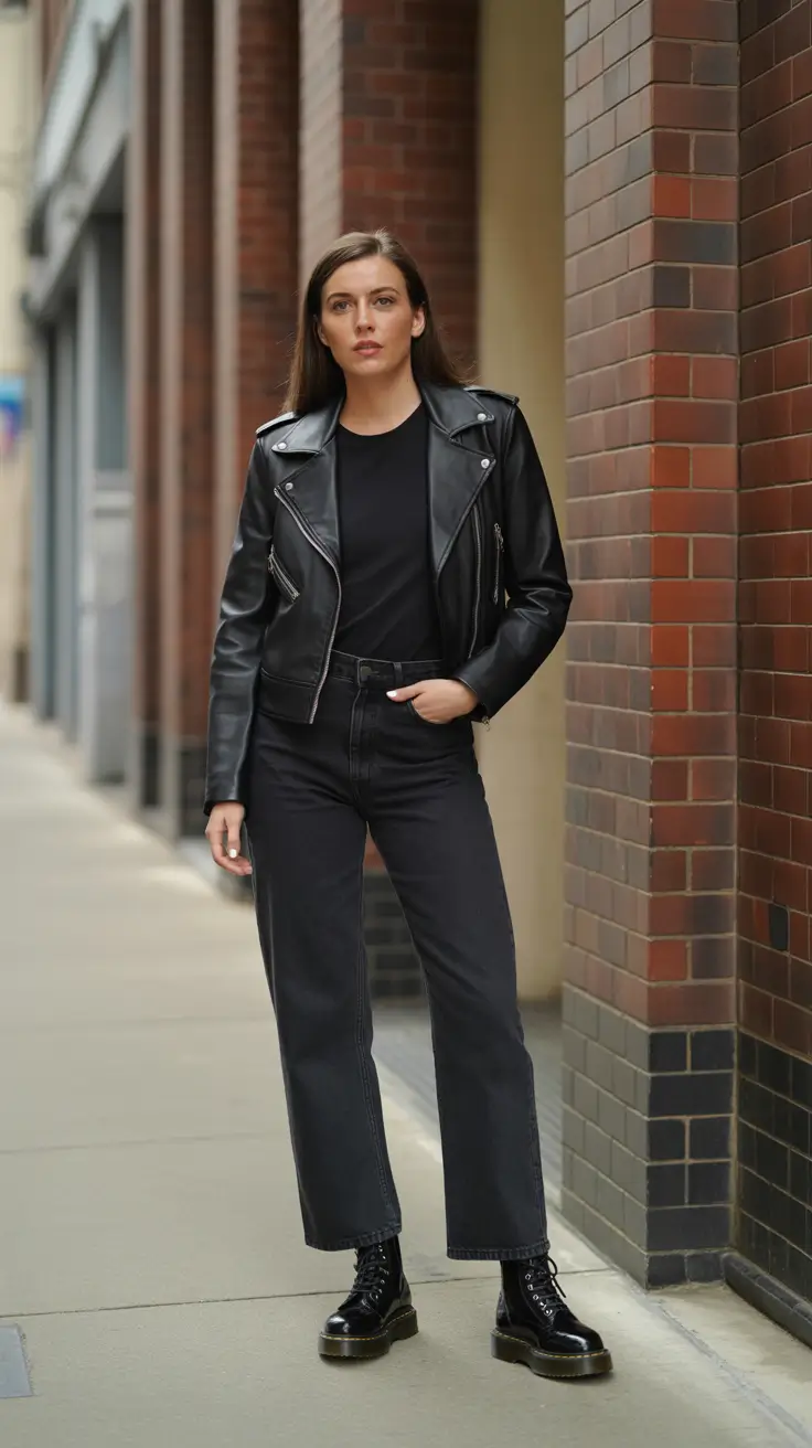 Stylish jeans outfits 2026 - All Black Denim With A Leather Jacket And Combat Boots