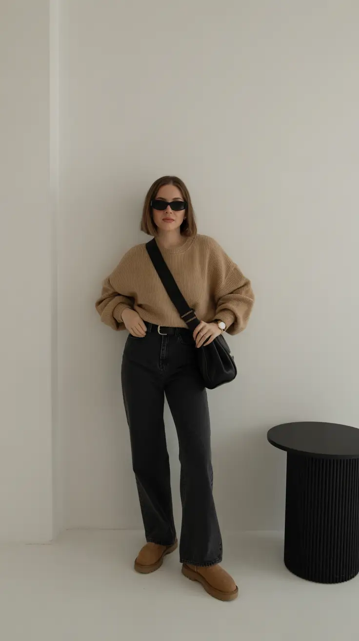 Stylish jeans outfits 2026 - Camel Sweater And Dark Wide Leg Jeans For Quiet Minimalism