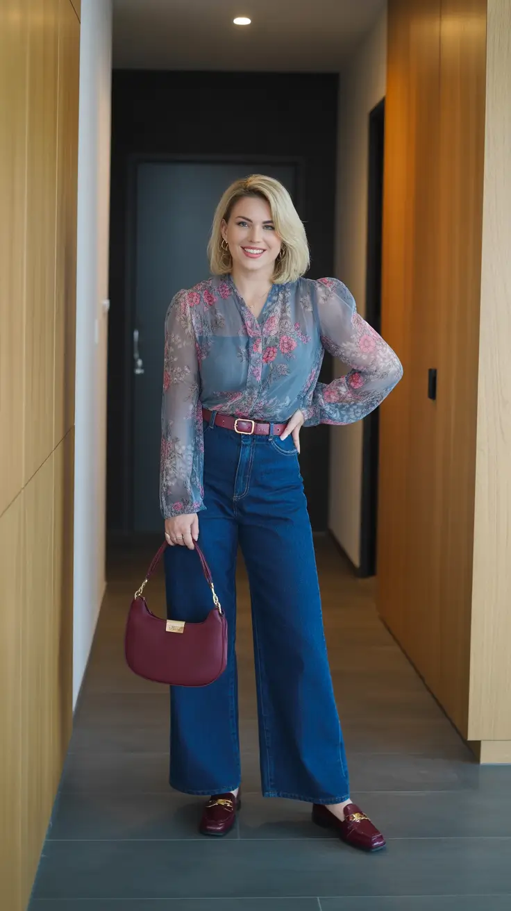 Stylish jeans outfits 2026 - Romantic Sheer Blouse With Light Blue Wide Leg Jeans