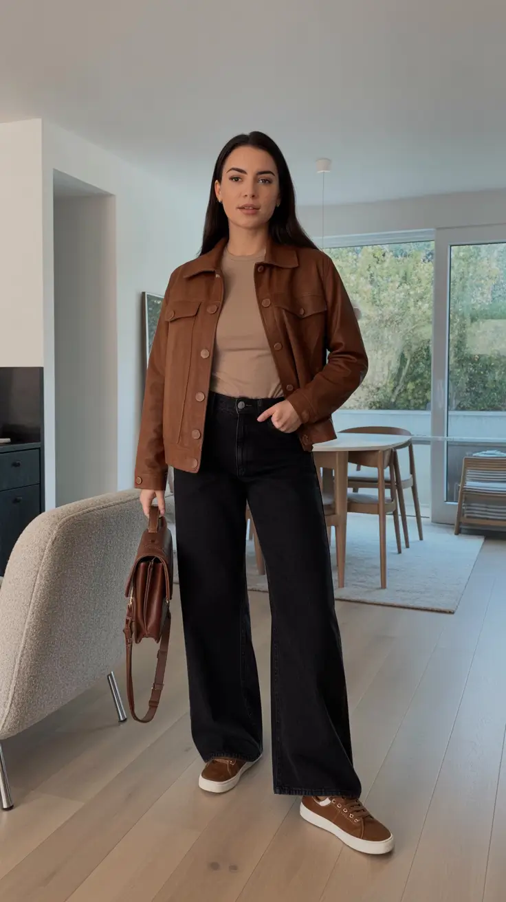 Stylish jeans outfits 2026 - Warm Brown Jacket With Relaxed Wide Leg Black Denim