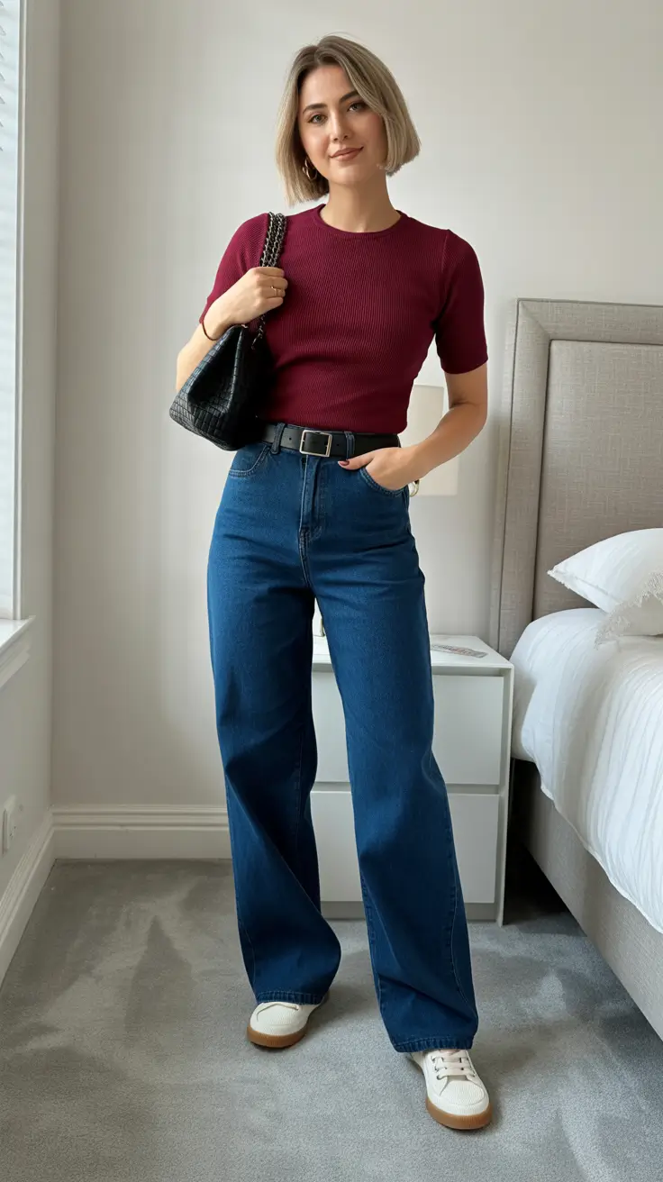 Stylish jeans outfits 2026 - Burgundy Knit Top With Dark Blue Wide Leg Denim