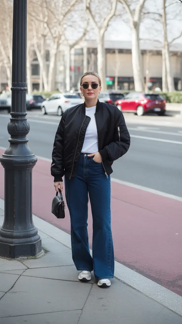 Stylish jeans outfits 2026 - Black Bomber With Dark Blue Denim And Sporty Cool