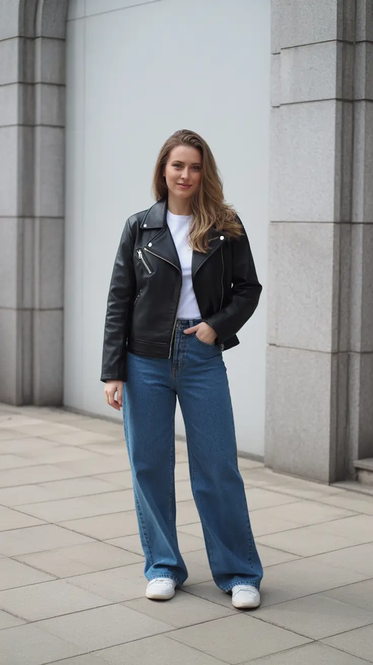 Stylish jeans outfits 2026 - Leather Jacket And Blue Wide Leg Jeans For Everyday Cool