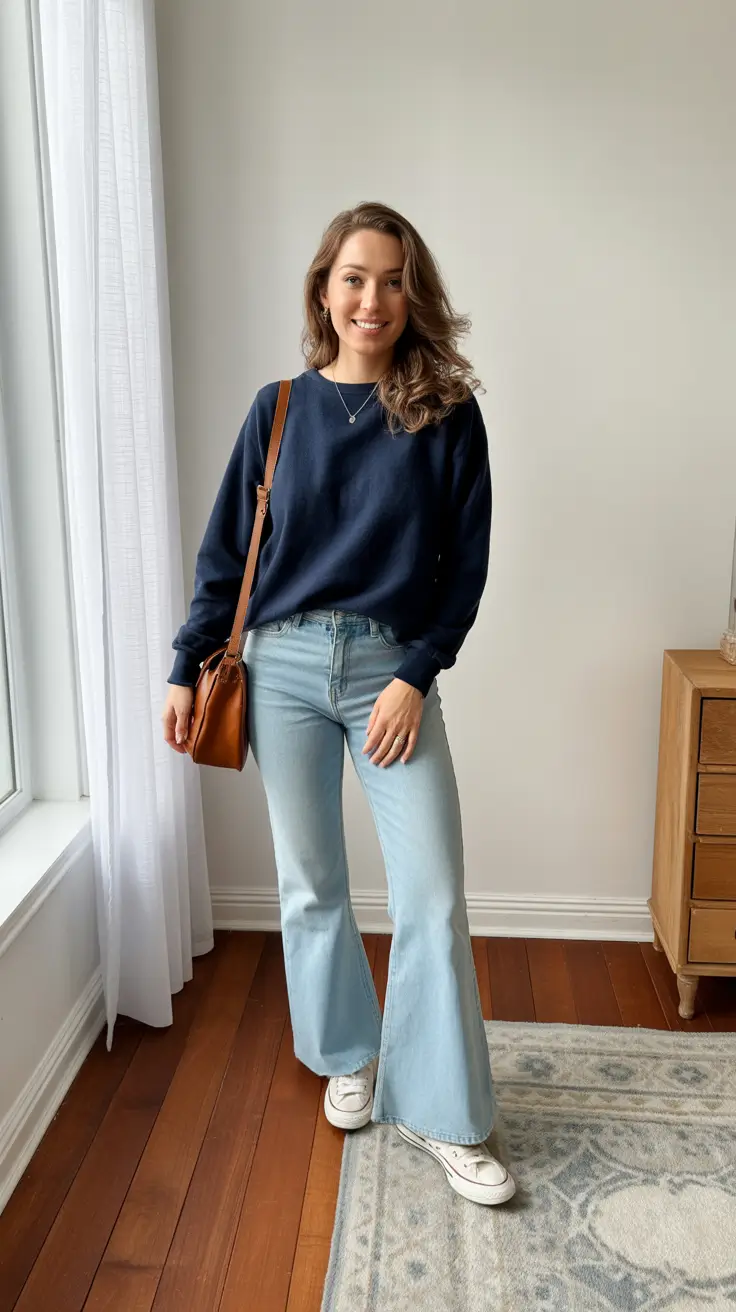 Stylish jeans outfits 2026 - Navy Sweatshirt With Light Blue Flare Denim Comfort