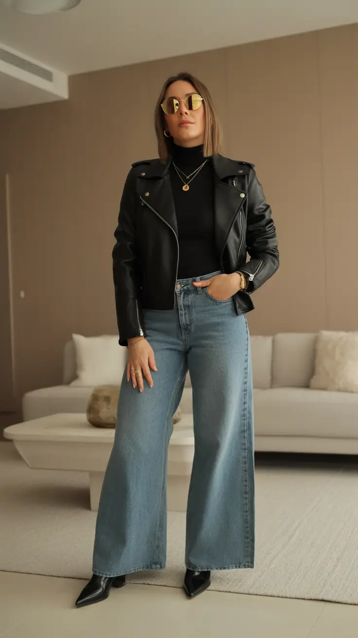 Stylish jeans outfits 2026 - Leather Jacket And Light Blue Wide Leg Denim Edge