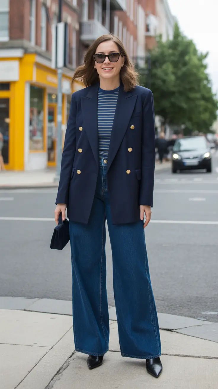 Stylish jeans outfits 2026 - Navy Blazer And Dark Blue Wide Leg Jeans For Work