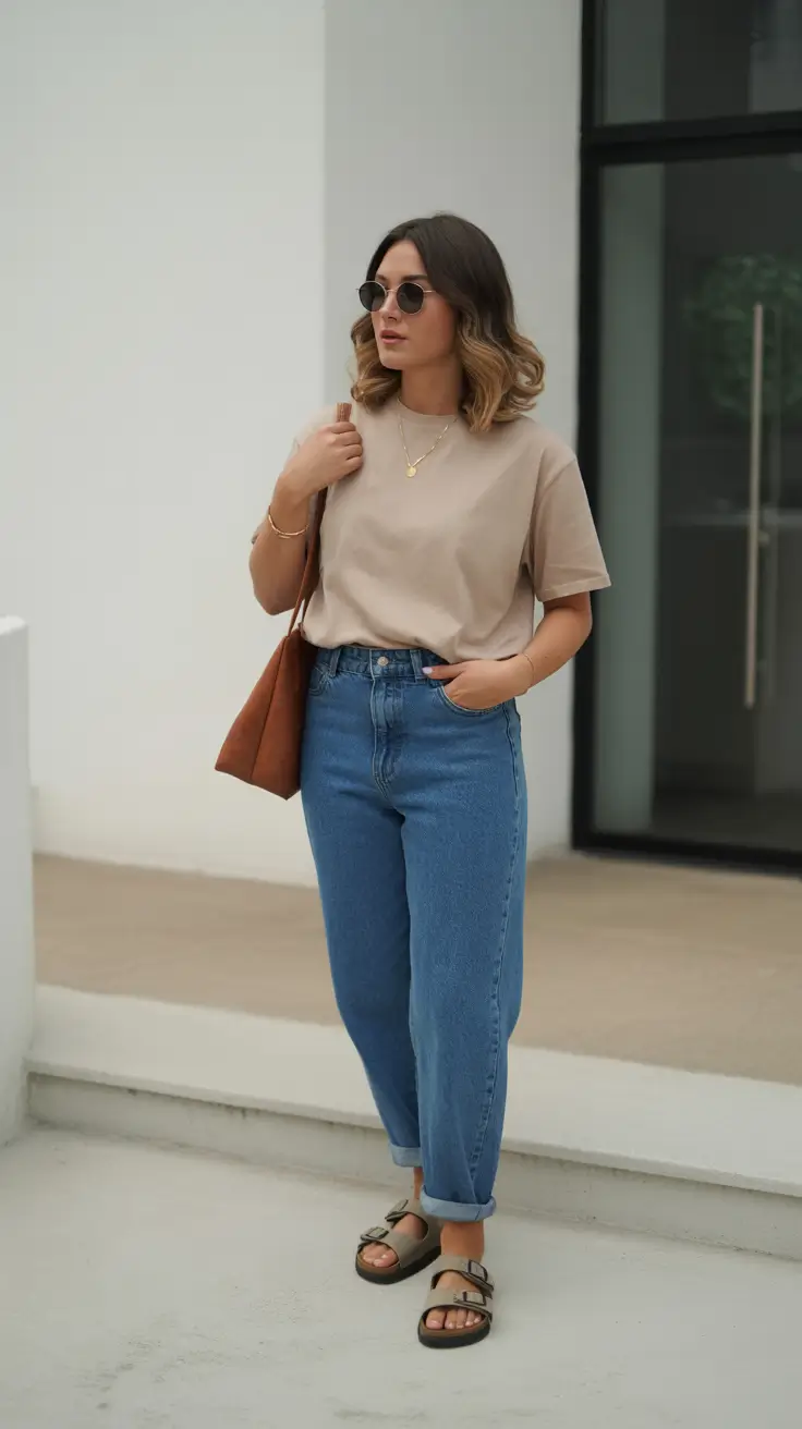 Stylish jeans outfits 2026 - Minimalist Tee With Light Blue Mom Jeans