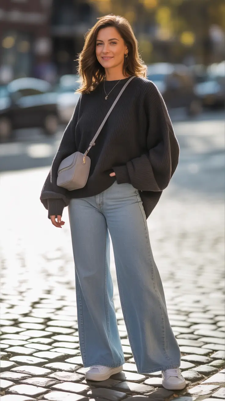 Stylish jeans outfits 2026 - Soft Knit And Light Blue Wide Leg Ease