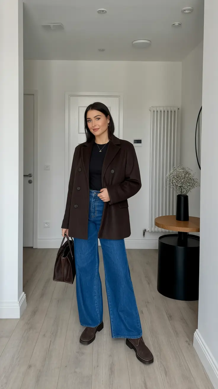 Stylish jeans outfits 2026 - Dark Blazer And Wide Denim For Modern Work Days