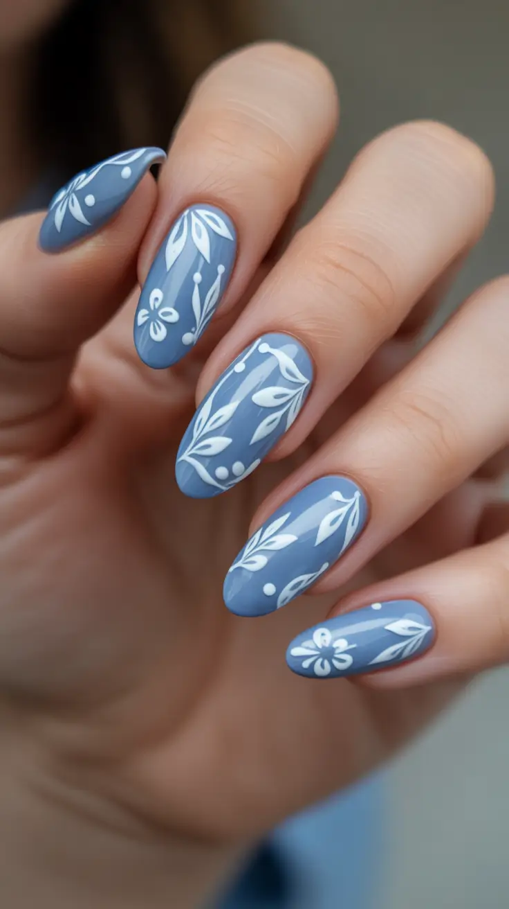 blue nails for 2026 - Denim Blue Botanical Lacework