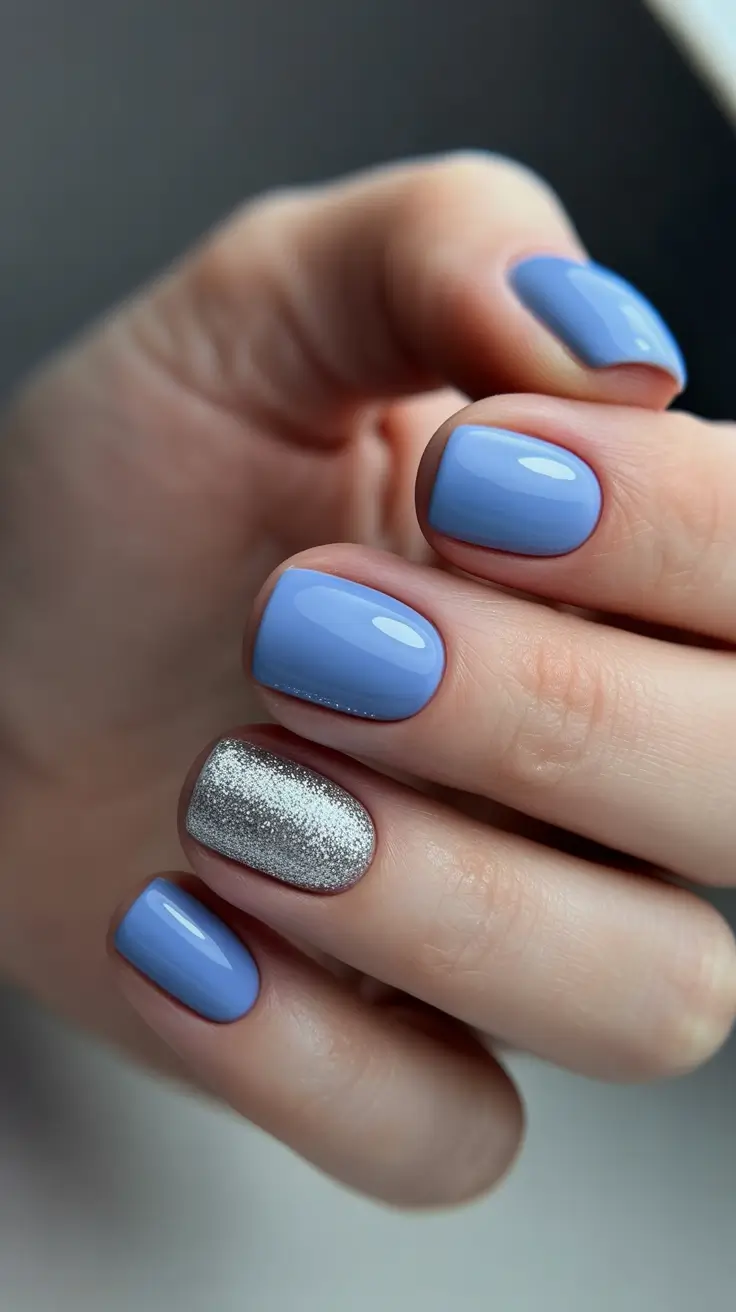 blue nails for 2026 - Glossy Cornflower Blue With Silver Sparkle Accent