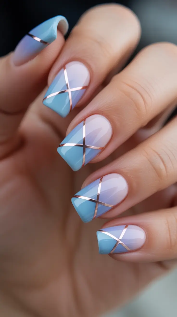 blue nails for 2026 - Geometric Baby Blue French With Rose Gold Lines