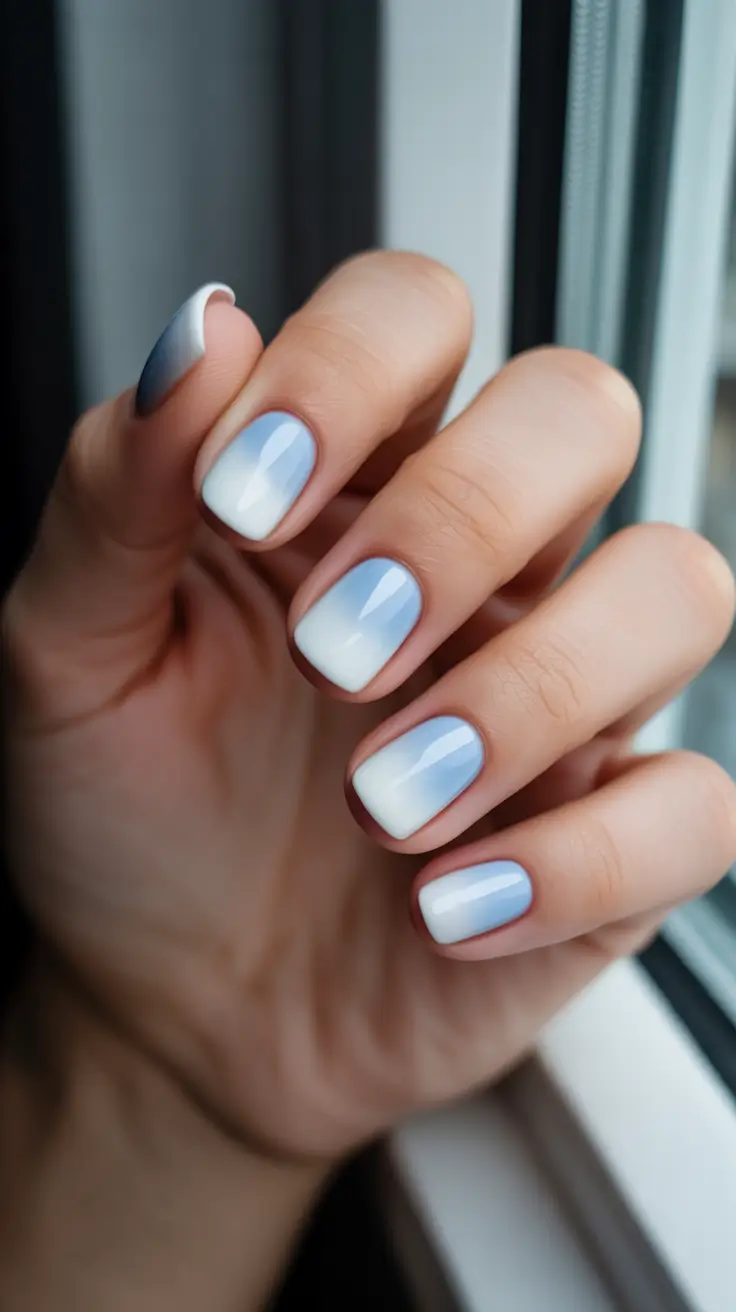 blue nails for 2026 - Cloudy Blue And White Ombre On Short Nails