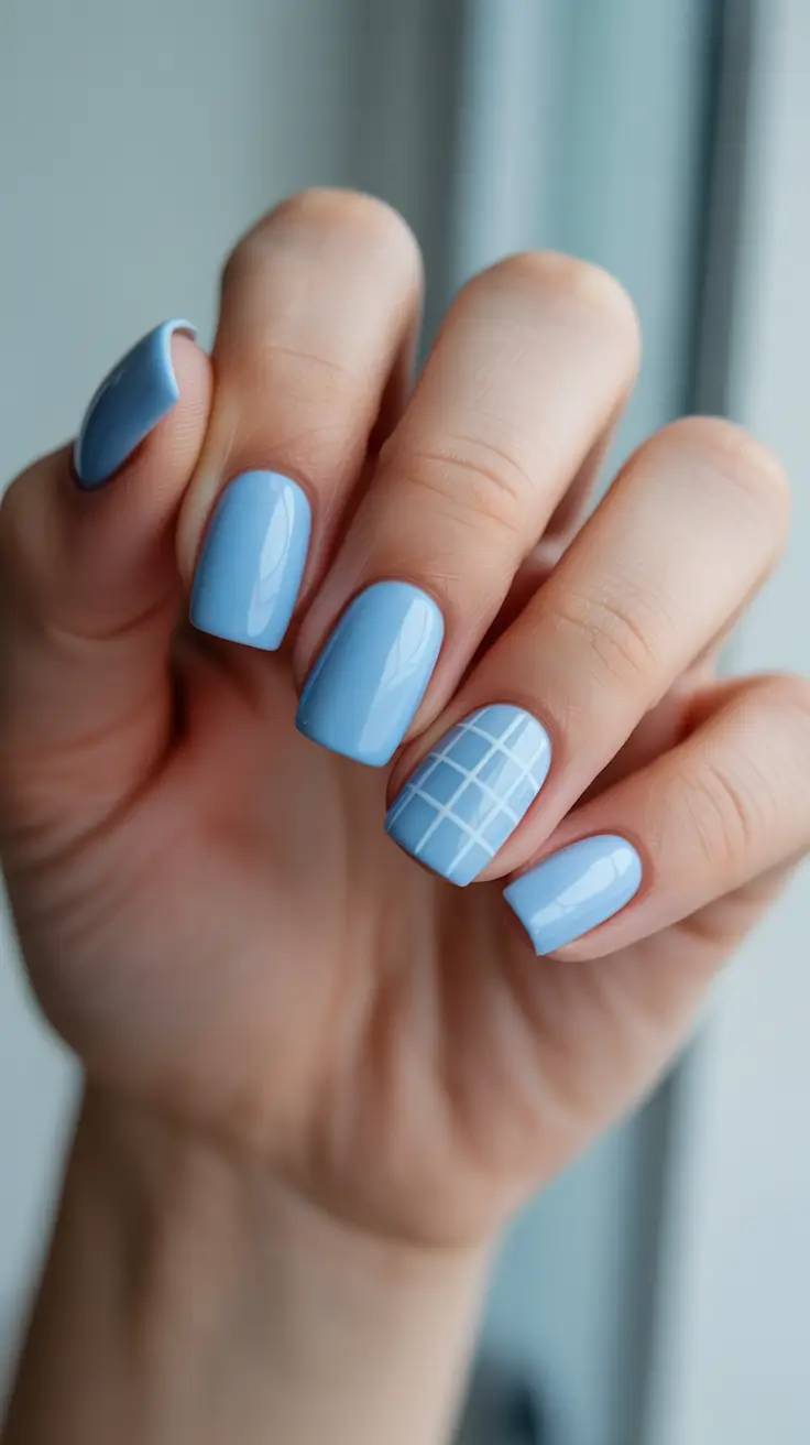 blue nails for 2026 - Classic Sky Blue With Minimal White Grid Accent