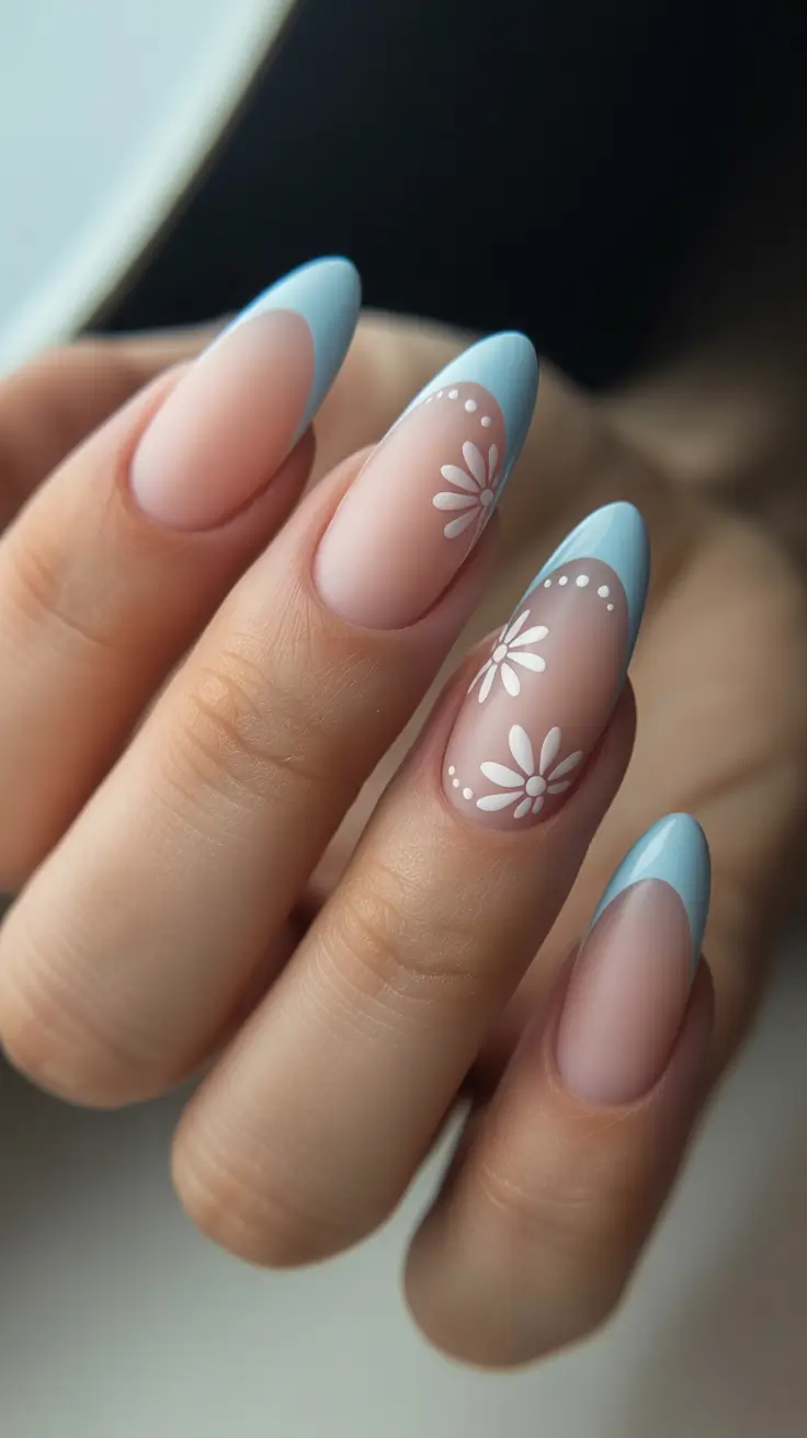 blue nails for 2026 - Baby Blue Almond French With Dainty White Daisies