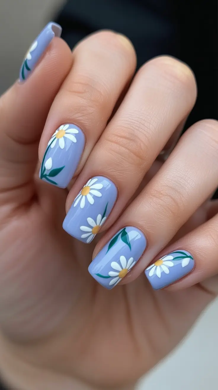 blue nails for 2026 - Periwinkle Daisies With Green Stems