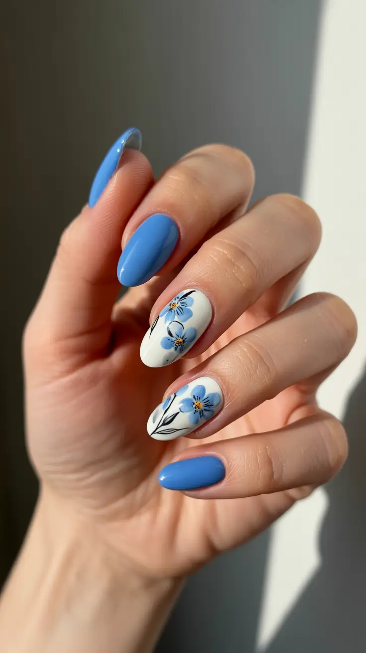 blue nails for 2026 - Royal Blue Almond With White Floral Accents