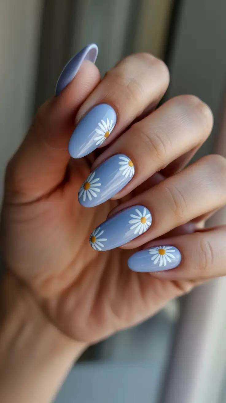 blue nails for 2026 - Soft Almond Daisies In Cornflower Blue