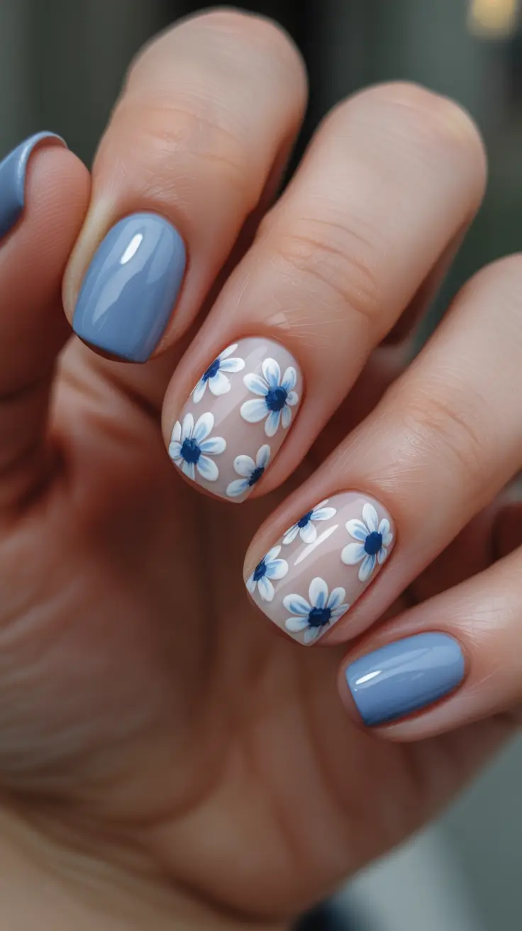 blue nails for 2026 - Neutral Base With Blue Daisy Accents
