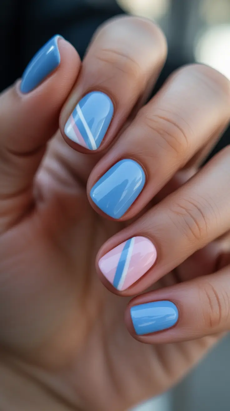 blue nails for 2026 - Blue With Pink Diagonal Lines