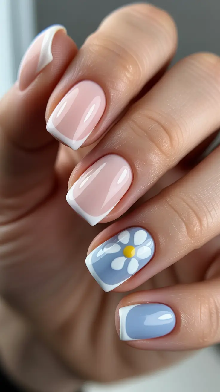 blue nails for 2026 - French Tips With Daisy Accent