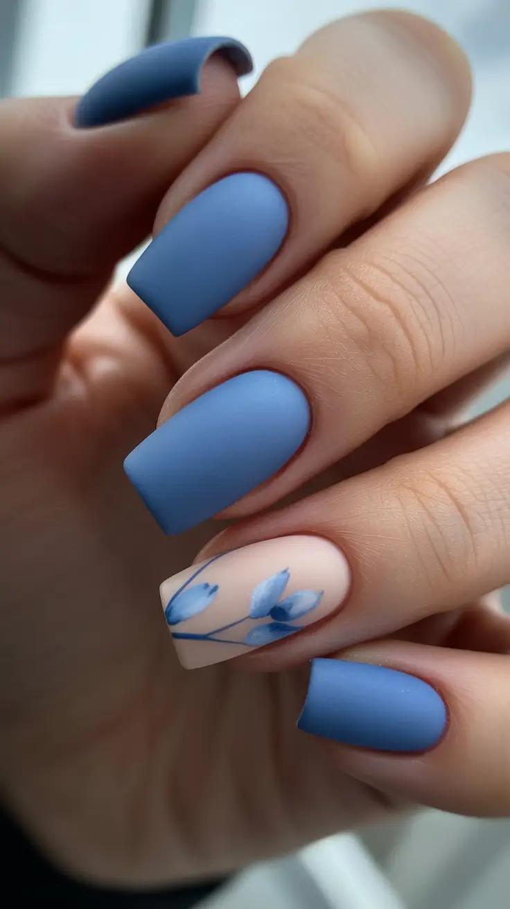 blue nails for 2026 - Matte Slate Blue With Botanical Accent