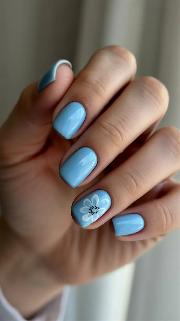 blue nails for 2026 - Minimal Sky Blue Square With Single Bloom Detail