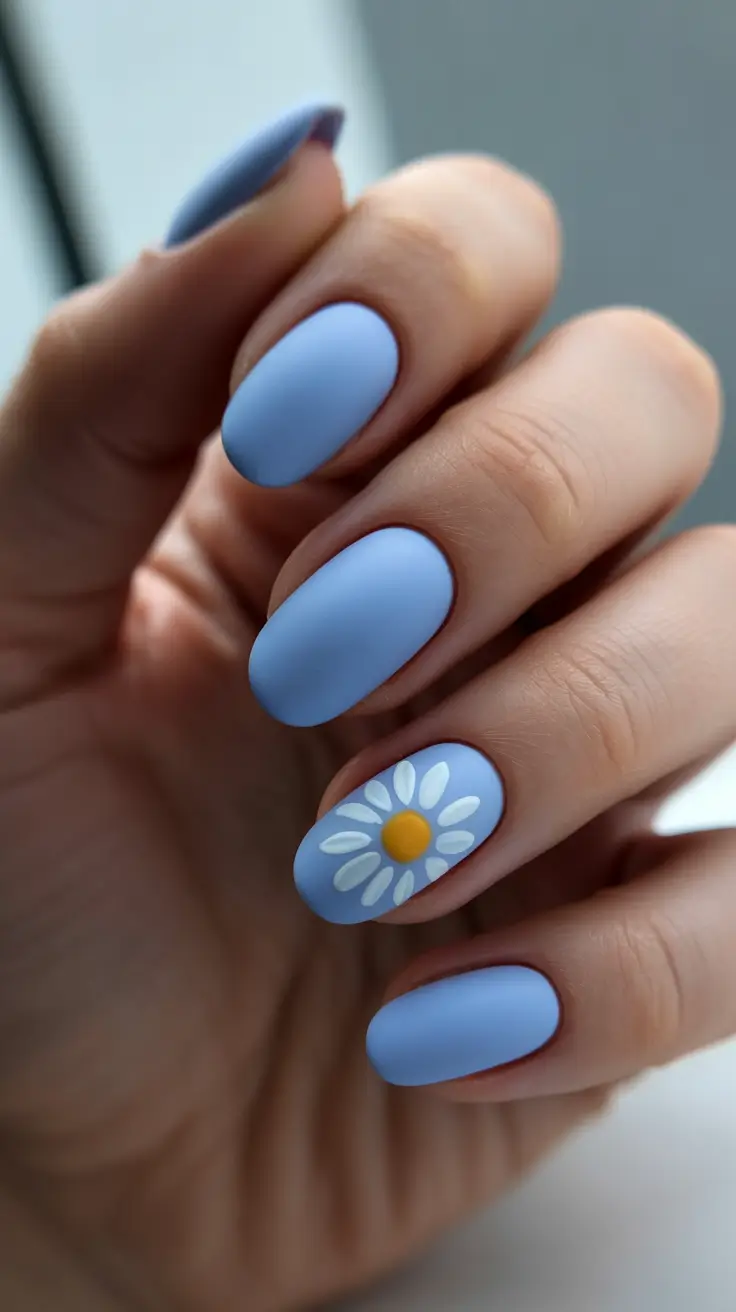 blue nails for 2026 - Matte Baby Blue Daisy For A Sweet Summer Moment