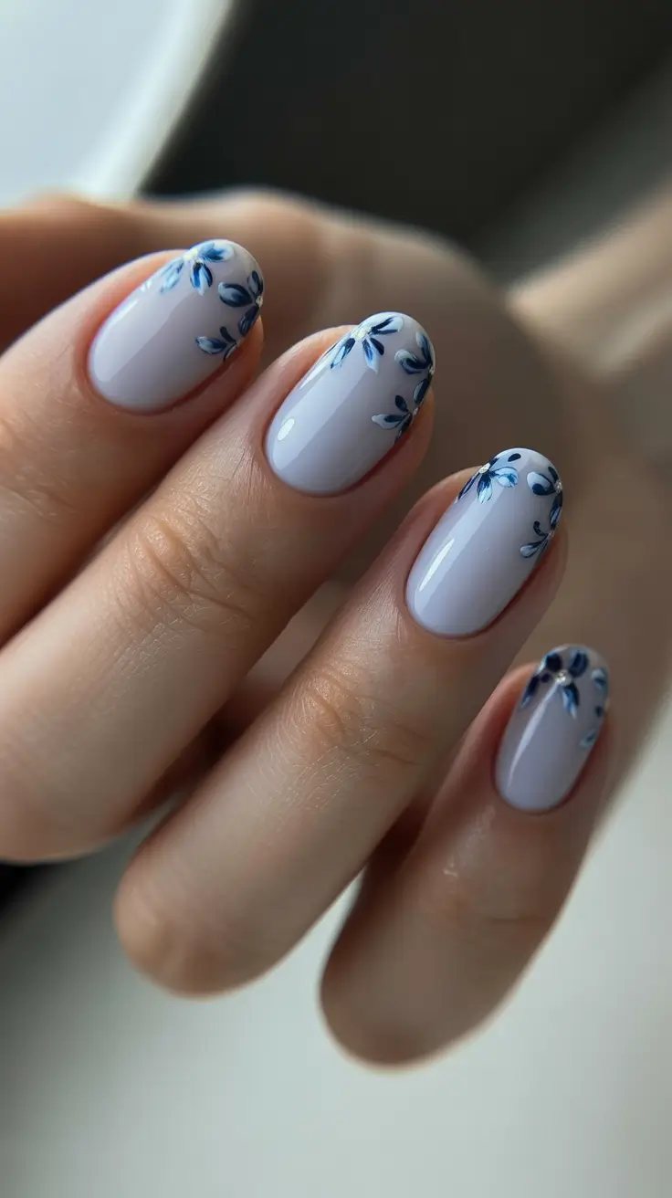 blue nails for 2026 - Porcelain Blue Florals On Milky Nude