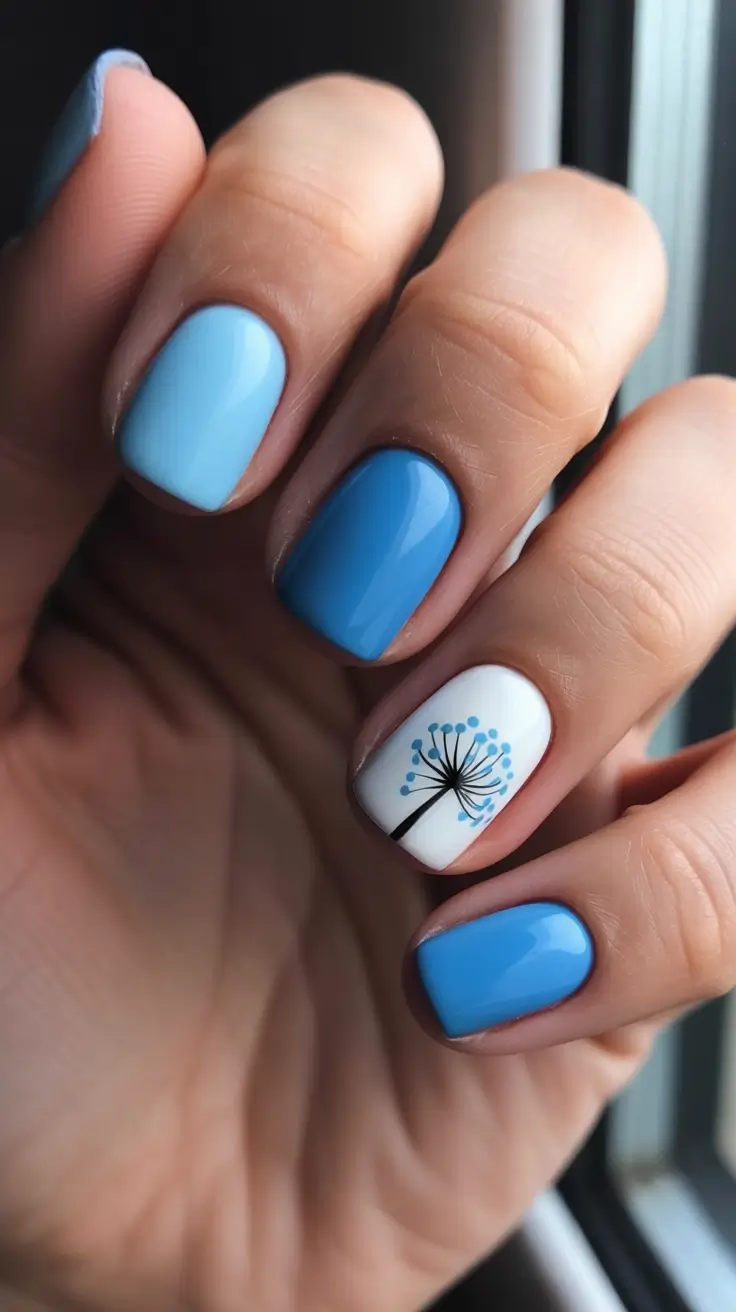 blue nails for 2026 - Blue Color Block With Dandelion Accent