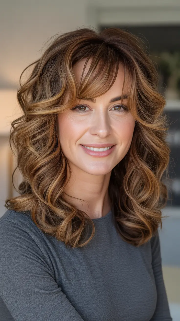 Stylish medium length haircuts 2026 Curly Layered Shag With Bold Curtain Bangs