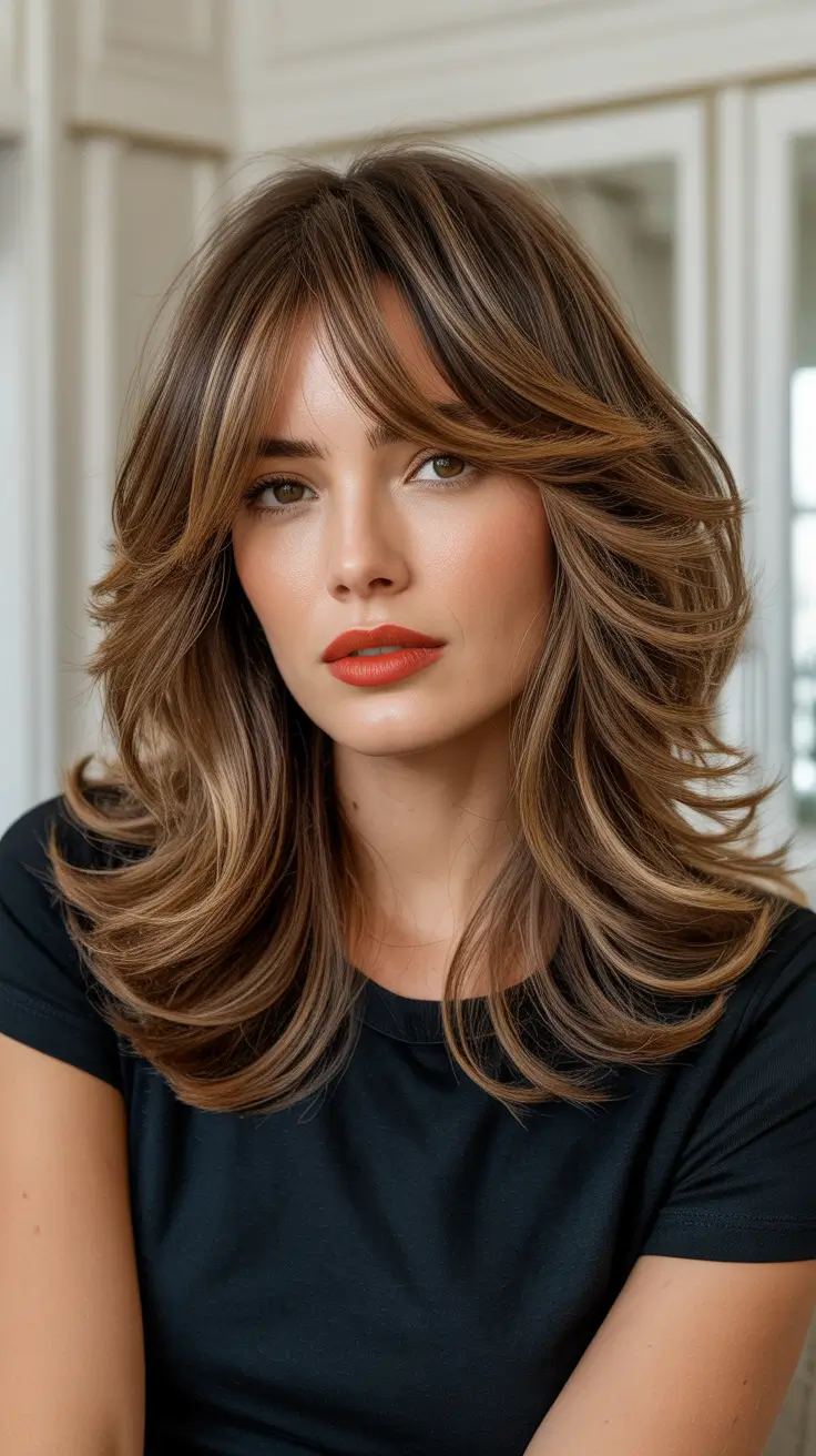 Stylish medium length haircuts 2026 - Layered Chocolate Blowout With Soft Fringe