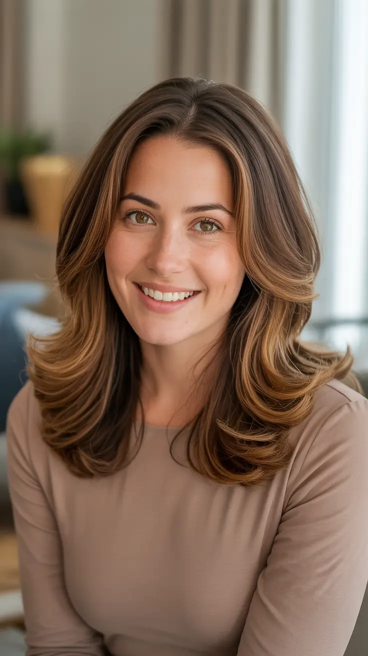 Stylish medium length haircuts 2026 - Rounded Bronde Layers With Center Part