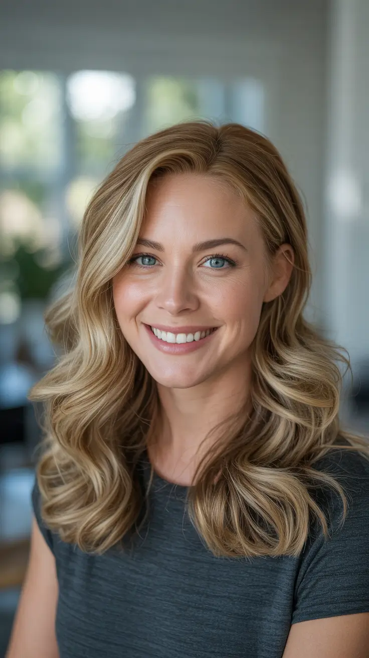Stylish medium length haircuts 2026 - Sunlit Blonde Waves With Soft Side Part